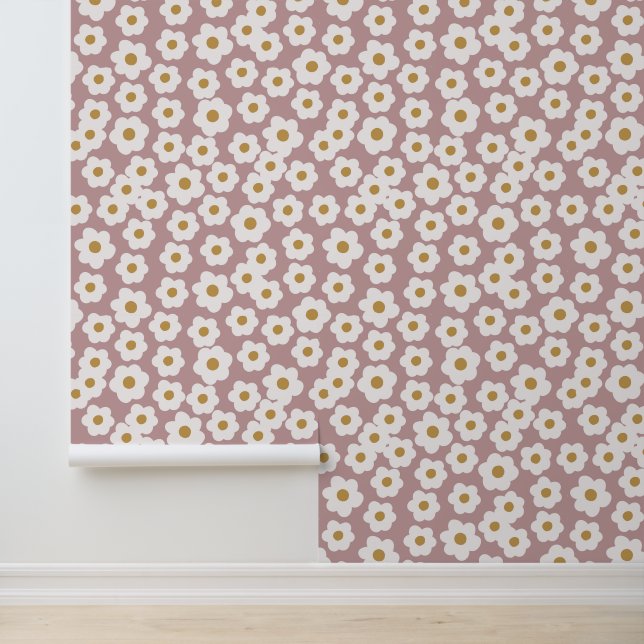 Hand Drawn Retro Dasies Pink Floral Wallpaper (Application)