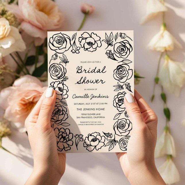 Hand Drawn Retro Floral Bridal Shower Invitation (Whimsical Botanical Hand Drawn Bridal shower Invitation)