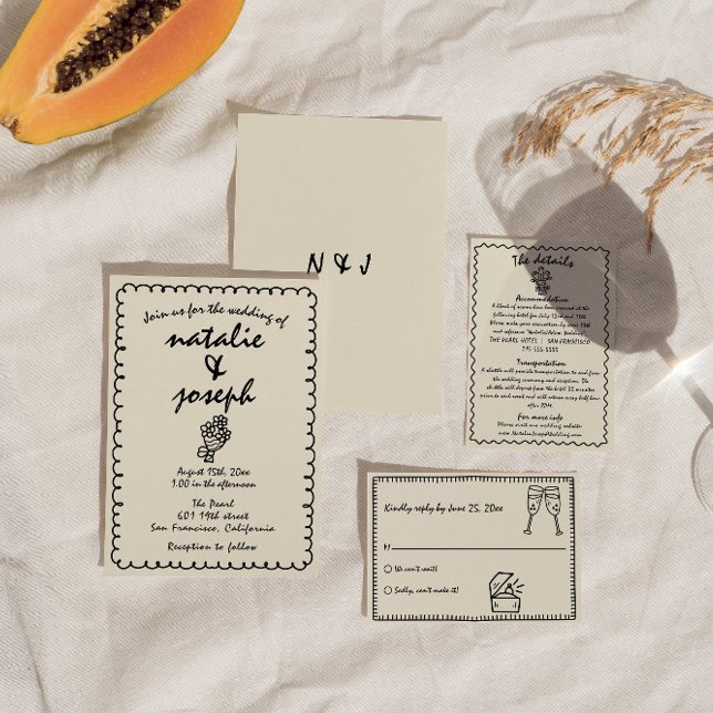 Hand Drawn Retro Funky Unique Quirky Wedding Invitation (Creator Uploaded)
