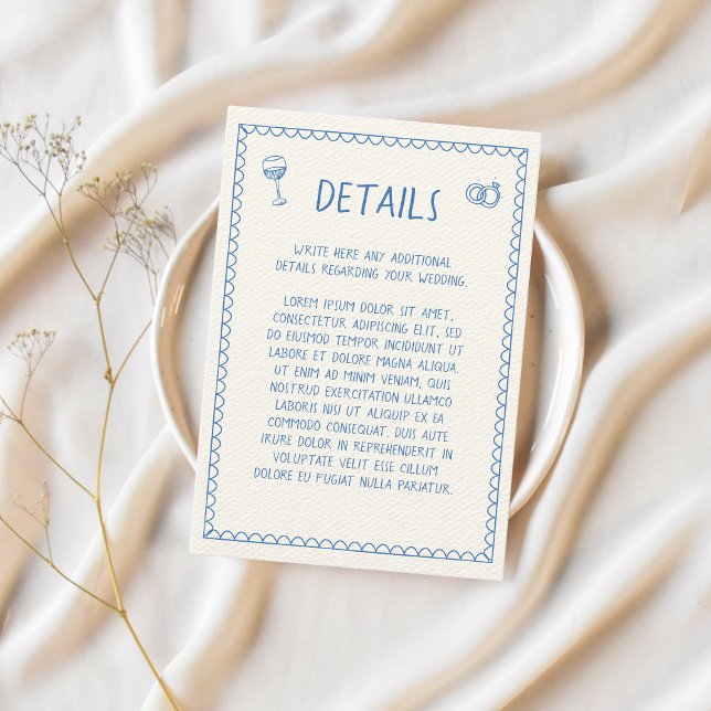 Hand Drawn Retro Sketch Blue Wedding Details Enclosure Card (Wedding Details Hand-illustrated, hand-written card)