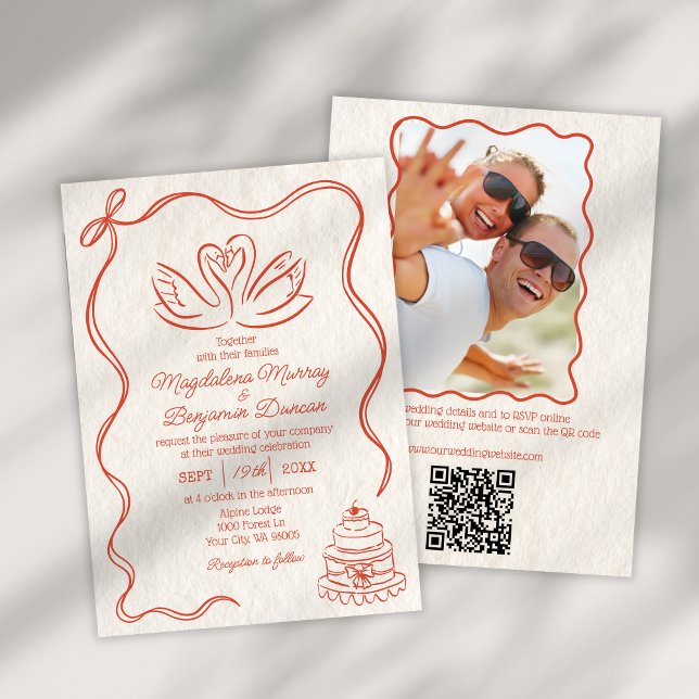 Hand Drawn Retro Swans Photo All in One Wedding In Invitation (Creator Uploaded)