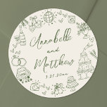 Hand Drawn Retro Wedding Classic Round Sticker<br><div class="desc">Personalized Hand-Drawn Quirky Wedding Stickers. These fun and playful round wedding stickers feature quirky doodle illustrations surrounding the edges in olive green against an ivory background, creating a soft retro look that feels perfect for an Italian or European-inspired celebration. Elements like a champagne tower, wedding cake, disco ball, hearts, wedding...</div>