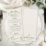 Hand Drawn Retro Wedding Menu<br><div class="desc">Hand Drawn French Italian Whimsical Wedding Dinner Menu with Sage Green Accents. This charming wedding menu card features a playful yet elegant design with a hand-drawn place setting illustration at the top and a champagne bottle with a glass at the bottom, accented by scattered hearts in soft sage green for...</div>