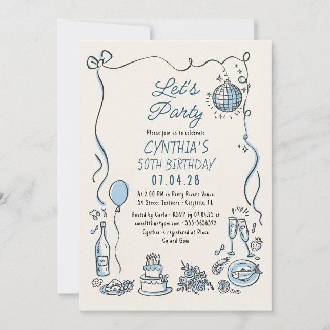 Hand Drawn Retro Whimsical Quirky Adult Birthday Invitation (Front)