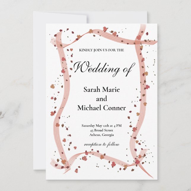 Hand drawn Ribbon and flowers Wedding Invitation (Front)