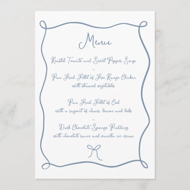 Hand Drawn Ribbon & Bow Dusty Blue Wedding Menu (Front)