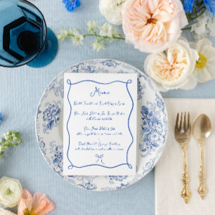 Hand Drawn Ribbon & Bow French Blue Wedding Menu