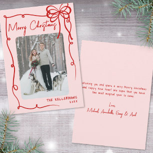 Hand Drawn Ribbon Bow Retro Christmas Holiday Card