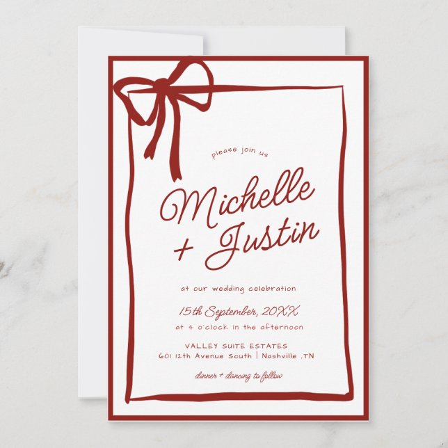 Hand Drawn Ribbon Bow  Wedding Invitation (Front)