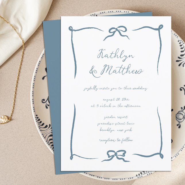 Hand Drawn Ribbon Doodle Dusty Blue Modern Wedding Invitation (Creator Uploaded)