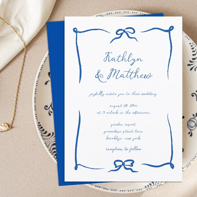 Hand Drawn Ribbon Doodle French Blue Wedding Invitation (Creator Uploaded)