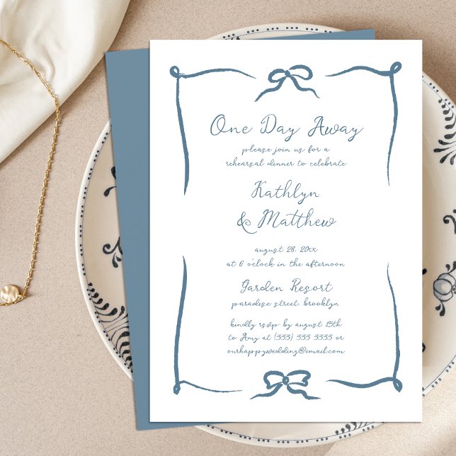 Hand Drawn Ribbon Dusty Blue Modern One Day Away Invitation (Creator Uploaded)