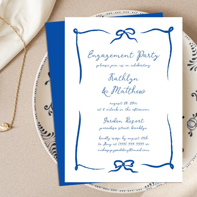 Hand Drawn Ribbon French Blue Engagement Party Invitation (Creator Uploaded)