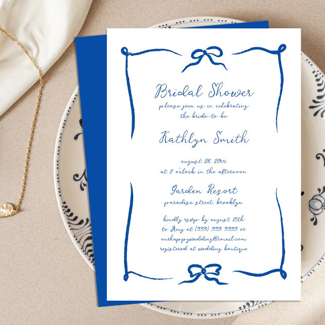 Hand Drawn Ribbon French Blue Modern Bridal Shower Invitation (Creator Uploaded)