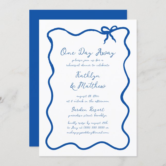 Hand Drawn Ribbon French Blue Modern One Day Away Invitation (Creator Uploaded)