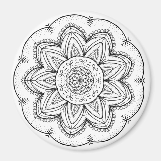 Hand Drawn Ribbon Mandala - Black & White Round Magnet (Front)