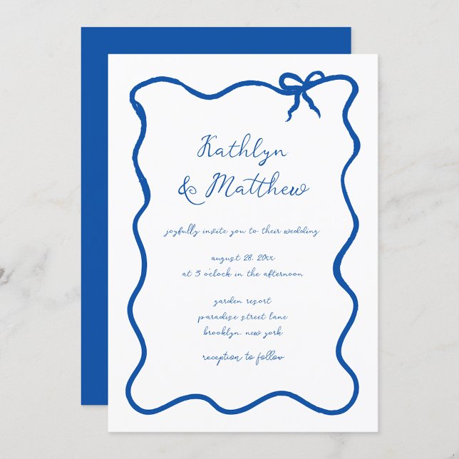 Hand Drawn Ribbon Whimsical French Blue Wedding Invitation (Creator Uploaded)