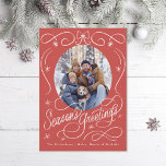 Hand drawn ribbons and bow seasons greetings photo holiday card<br><div class="desc">Hand drawn ribbons and bow with hand-lettering around oval photo mask. Open full editor to adjust your photo and change the shape and background colour if desired.</div>