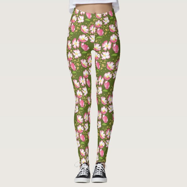 hand drawn romantic dog rose leggings (Front)