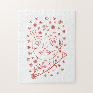 Hand-Drawn Romantic Line Art Face with Hearts and  Jigsaw Puzzle