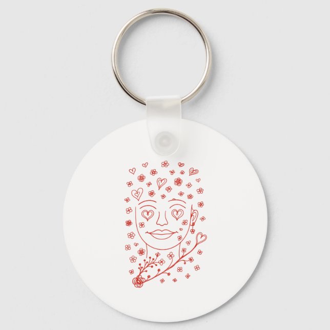 Hand-Drawn Romantic Line Art Face with Hearts and  Key Ring (Front)
