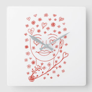 Hand-Drawn Romantic Line Art Face with Hearts and  Square Wall Clock