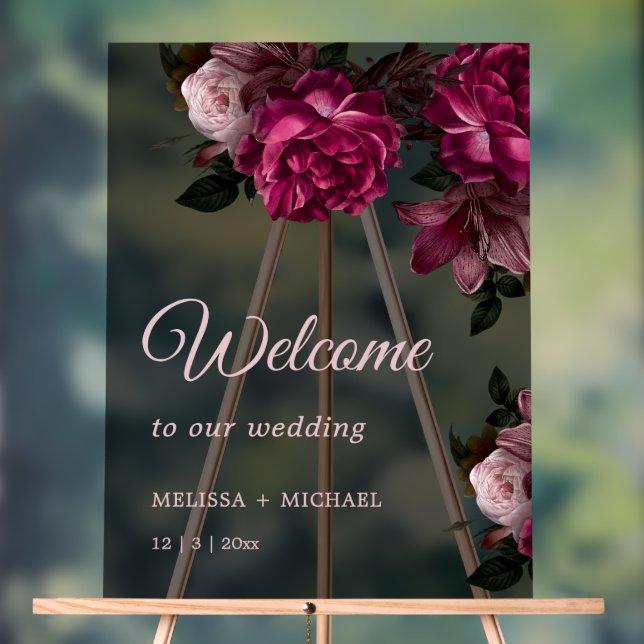 Hand Drawn Romantic Roses Wedding Welcome Acrylic Sign (Neutral)