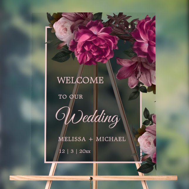 Hand Drawn Romantic Roses Wedding Welcome Acrylic Sign (Neutral)