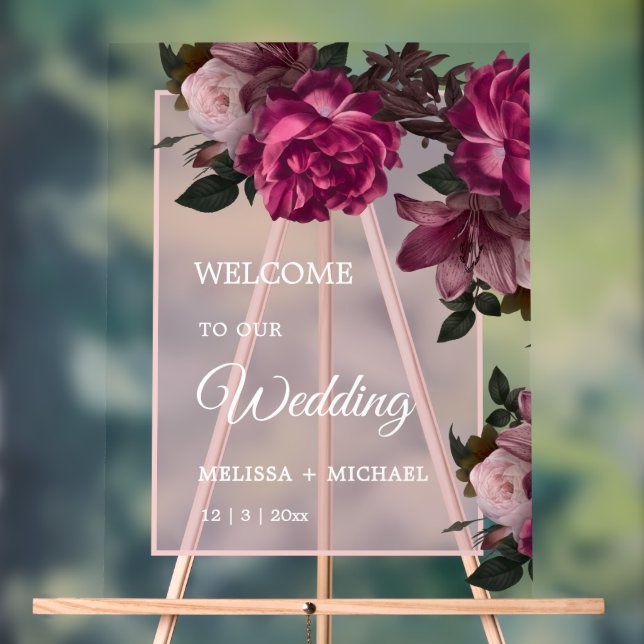 Hand Drawn Romantic Roses Wedding Welcome Acrylic Sign (Neutral)