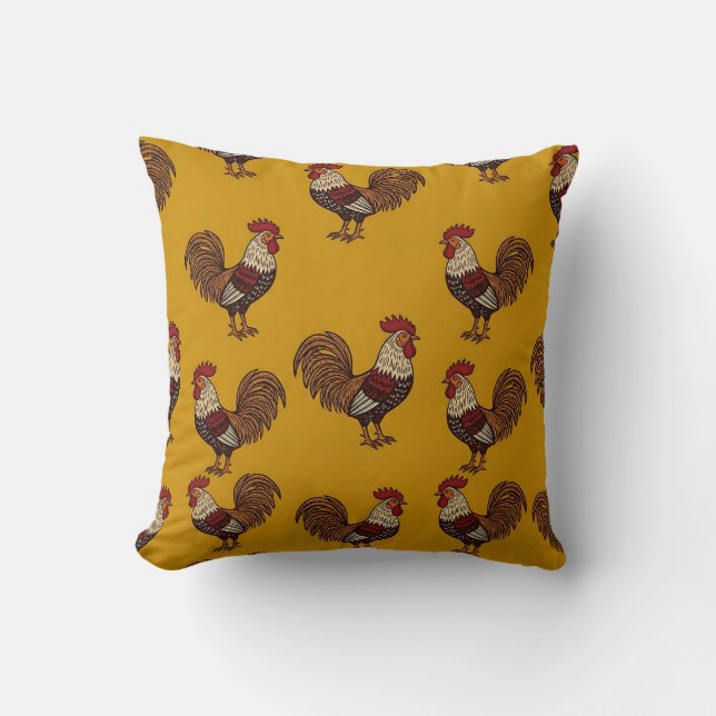 Hand-Drawn Rooster Pillow Cover Mustard Yellow (Front)