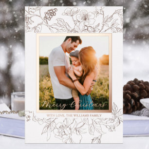 Hand Drawn Rose Gold & White Floral Christmas Foil Holiday Card