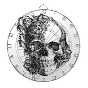 Hand drawn rose skull in black and white. dartboard