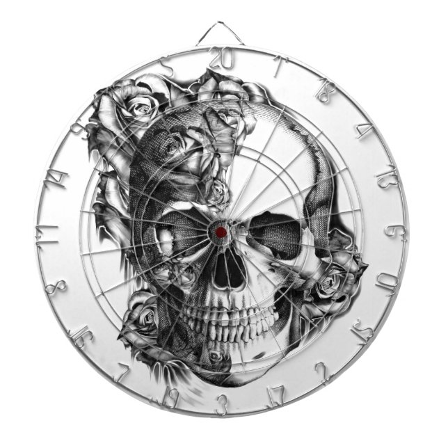 Hand drawn rose skull in black and white. dartboard (Front)