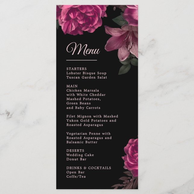 Hand Drawn Roses Dark Romantic Wedding Menu (Front)