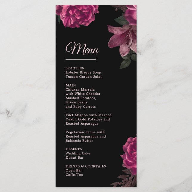 Hand Drawn Roses Dark Romantic Wedding Menu (Front)