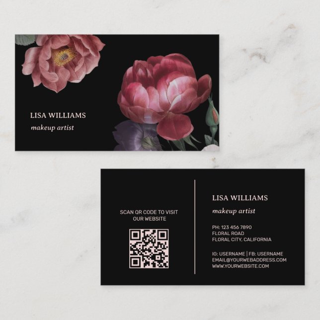 Hand Drawn Roses Flower Black Business Card (Front/Back)
