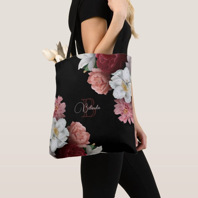 Hand Drawn Roses Flower Black Tote Bag (Close Up)