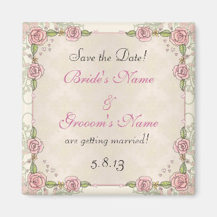 Hand Drawn Roses Pink Wedding Save the Date Magnet