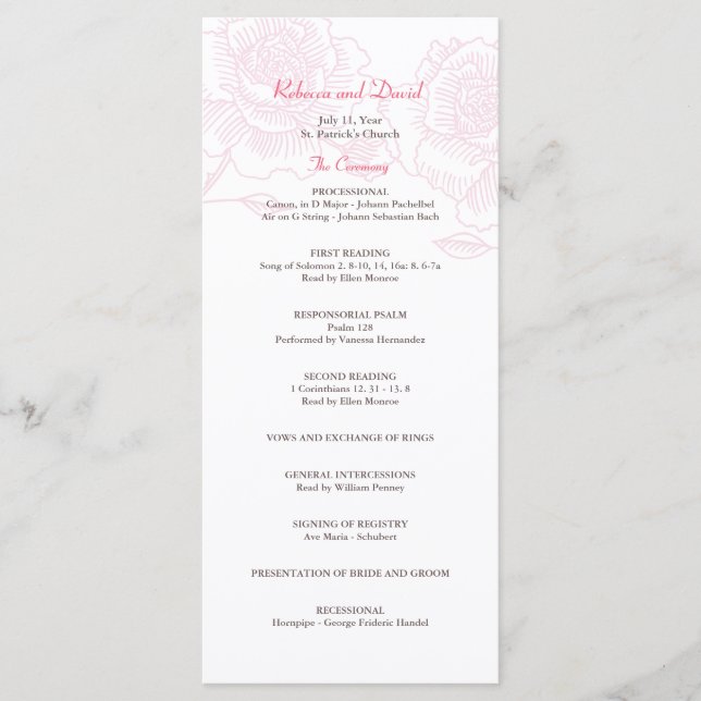 Hand drawn roses wedding program pink programme (Front)