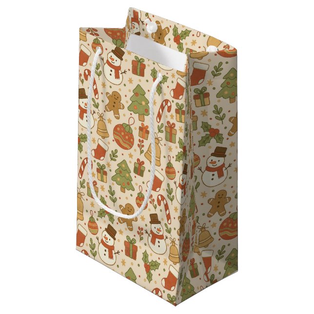 Hand Drawn Rustic Christmas Pattern Gift Bag (Front Angled)