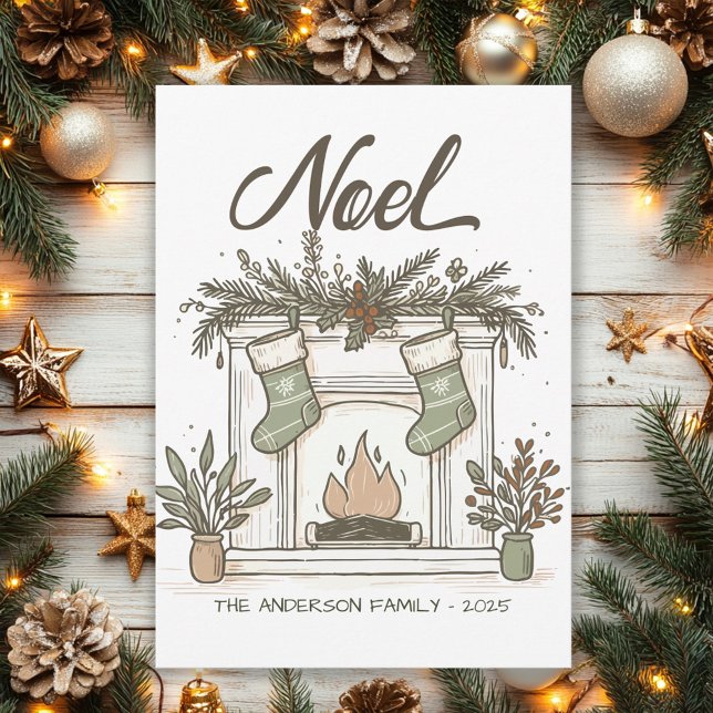 Hand Drawn Rustic Fireplace Noel Christmas  Holiday Card (Vintage fireplace and stockings Christmas greeting card. )