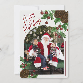 Hand Drawn Rustic Pinecone & Holly Christmas Photo Holiday Card