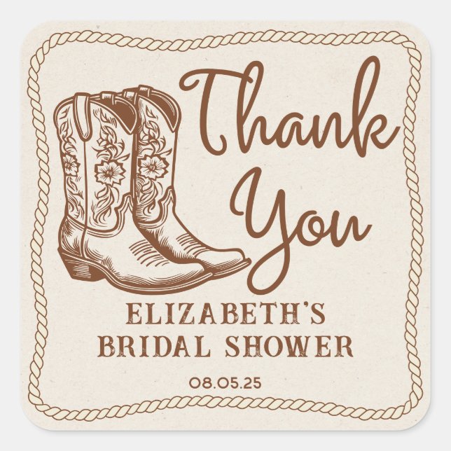 Hand Drawn Rustic Western Cowgirl Boots Thank You Square Sticker (Front)
