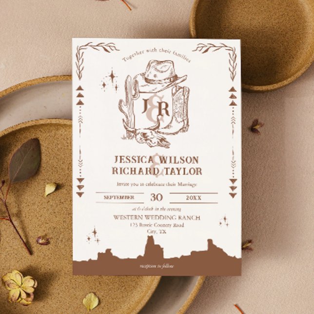 Hand Drawn Rustic Western Ranch Cowboy Boots Invitation (RUSTIC WESTERN HAND DRAWN COWBOY HAT, BOOTS, DESERT)