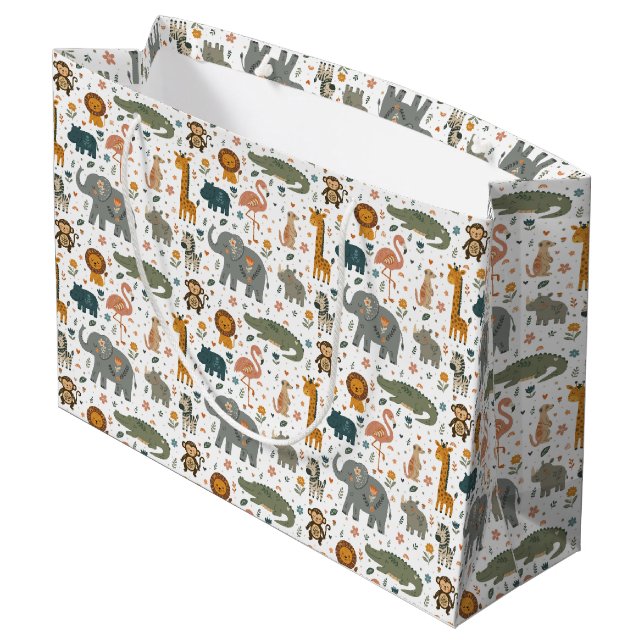 Hand Drawn Safari Animal Print Large Gift Bag (Back Angled)