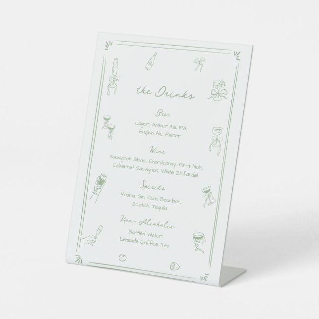 Hand Drawn Sage Green Wedding Bar Drink Menu Pedestal Sign (Front)