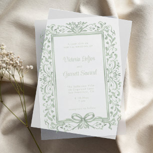 Hand Drawn Sage Vintage Bow & Leafy Border Vellum Invitations