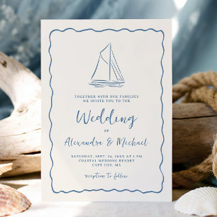 Hand Drawn Sailboat Blue Ivory Nautical Wedding Invitation