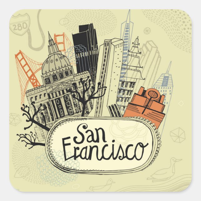 Hand Drawn San Francisco Square Sticker (Front)