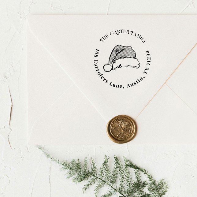 Hand Drawn Santa Hat Illustration Return Address Self-inking Stamp (Christmas Santa hat sketch illustration return address round holiday stamp.)